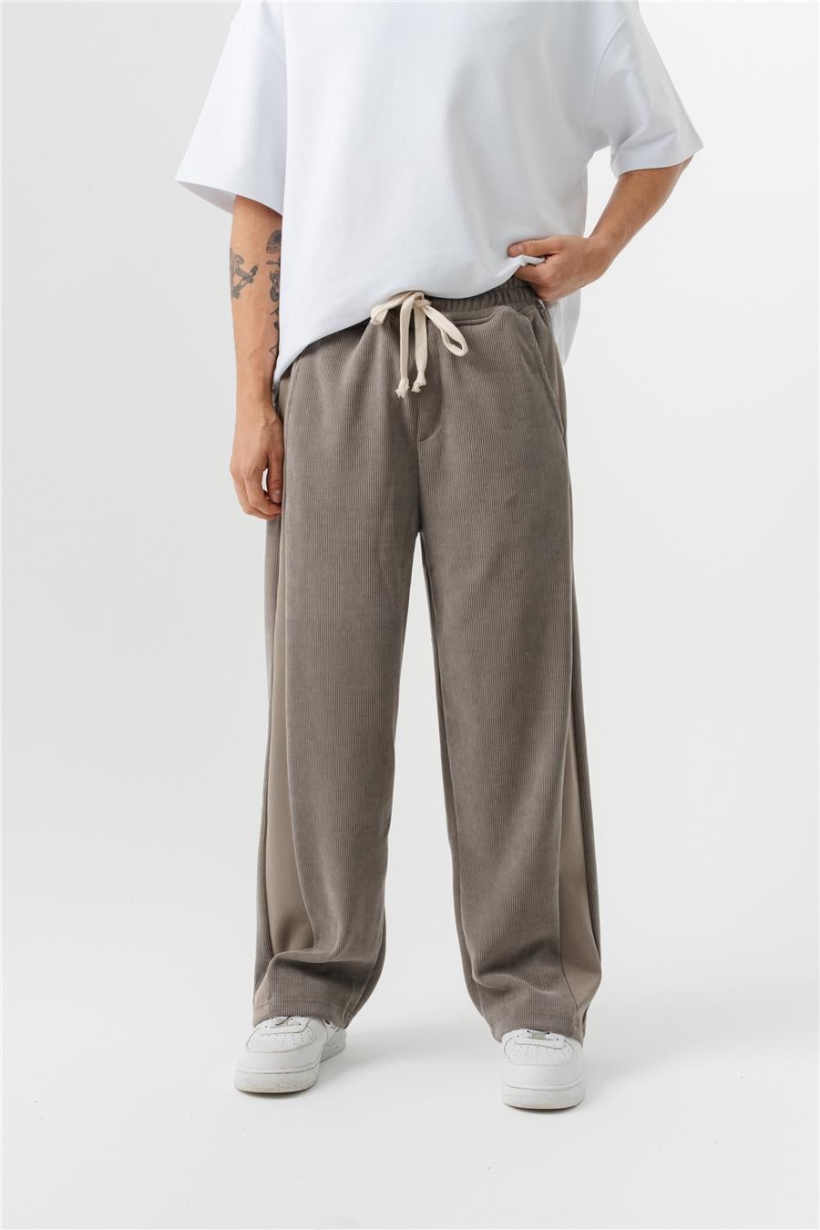 Yandan Parça Kumaşlı Kadife Baggy Pantolon