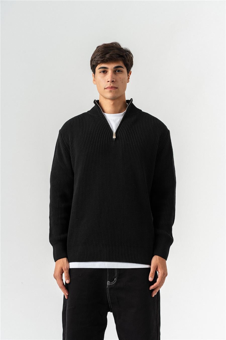 Yarım Fermuarlı Çelik Örgü Oversize Kazak