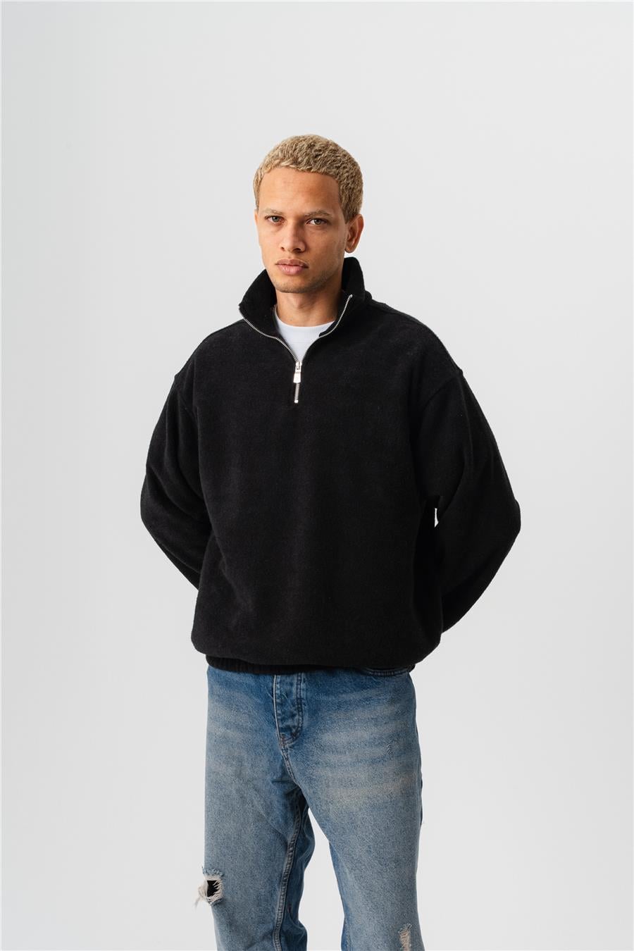 Yarım Fermuarlı Peluş Kumaş Sweatshirt