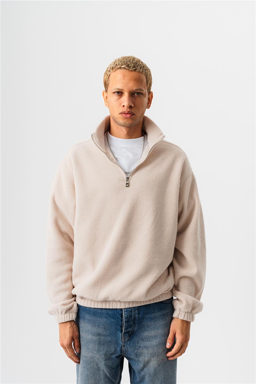 Yarım Fermuarlı Peluş Kumaş Sweatshirt