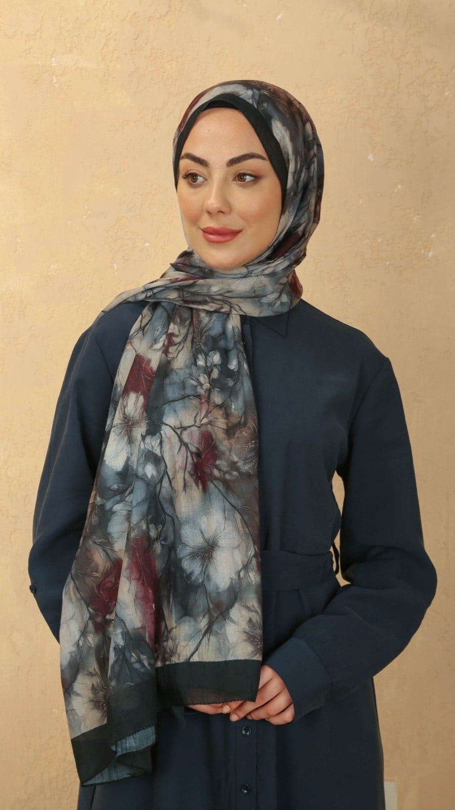 Desenli Vual Kraş Şal Siyah Bordo