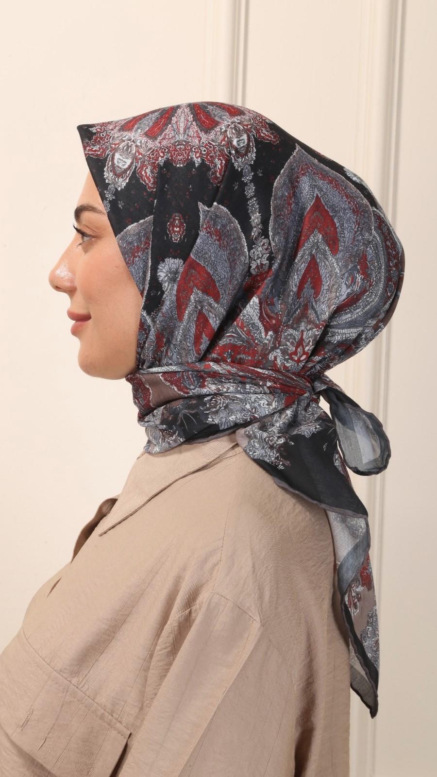 Locella Pamuk Vual Eşarp Siyah Kırmızı-8