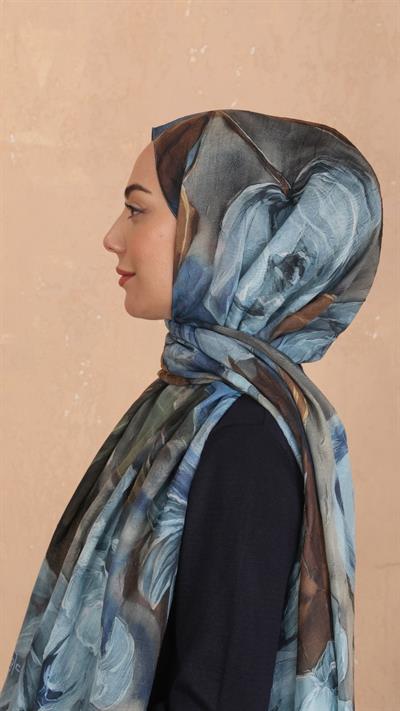 Desenli Kraş Şal Mavi
