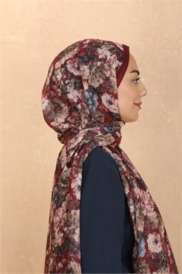Desenli Pamuk Vual Şal-Bordo