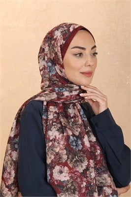 Desenli Pamuk Vual Şal-Bordo