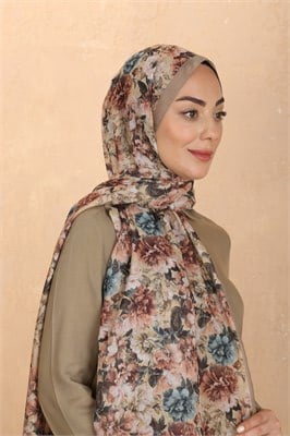 Desenli Pamuk Vual Şal-Camel