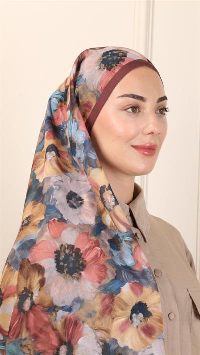 Desenli Pamuk Vual Şal Çikolata Kahve-3