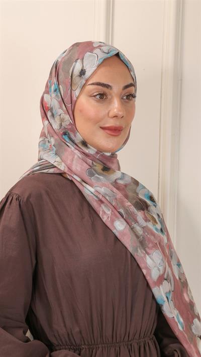 Desenli Pamuk Vual Şal Gül Kurusu-4
