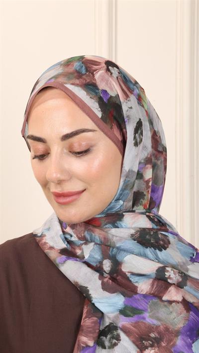 Desenli Pamuk Vual Şal Gül Kurusu-10