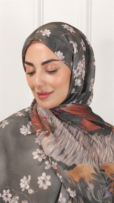 Desenli Pamuk Vual Şal Haki Yeşili-4