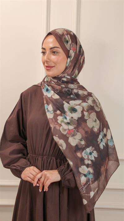 Desenli Pamuk Vual Şal Kahve-6