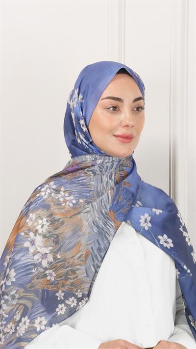Desenli Pamuk Vual Şal Lacivert-8
