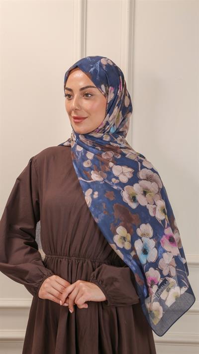 Desenli Pamuk Vual Şal Lacivert-5