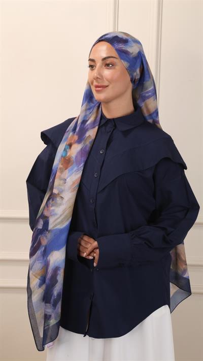 Desenli Pamuk Vual Şal Lacivert-4