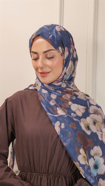 Desenli Pamuk Vual Şal Lacivert-5