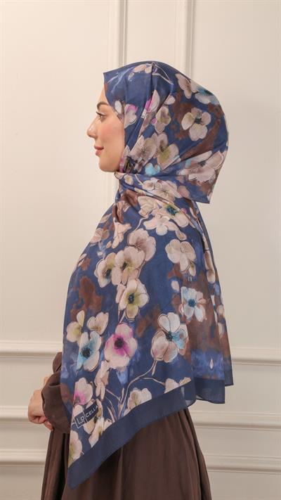 Desenli Pamuk Vual Şal Lacivert-5