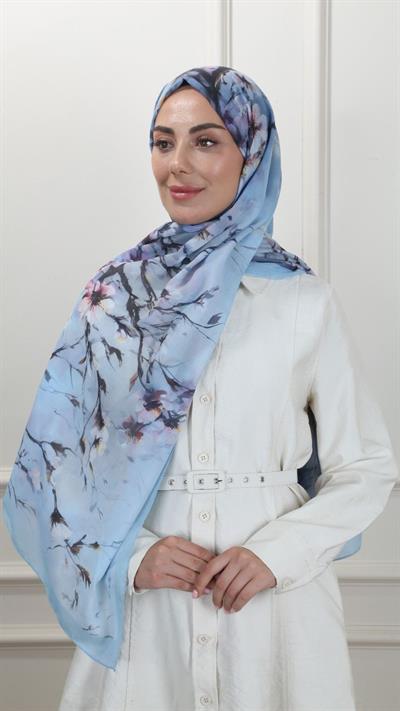 Desenli Pamuk Vual Şal Mavi-7