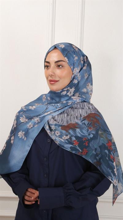 Desenli Pamuk Vual Şal Mavi-3