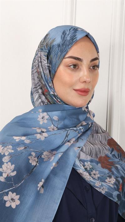 Desenli Pamuk Vual Şal Mavi-3