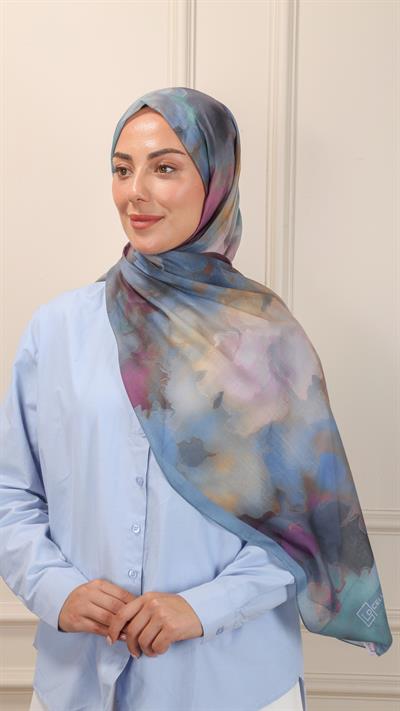 Desenli Pamuk Vual Şal Mavi-7