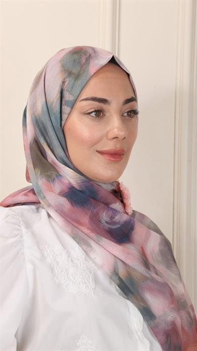 Desenli Pamuk Vual Şal Pudra Pembe-1