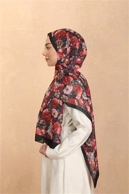 Desenli Pamuk Vual Şal-Siyah Kırmızı