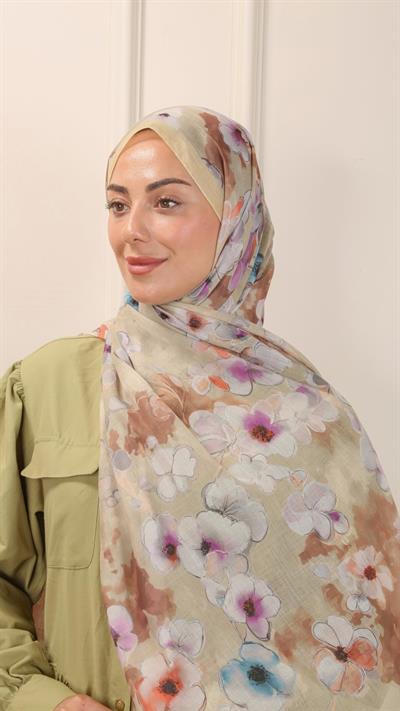Desenli Pamuk Vual Şal Tereyağ Sarısı-3
