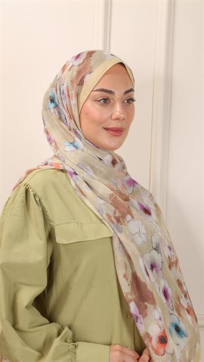 Desenli Pamuk Vual Şal Tereyağ Sarısı-3