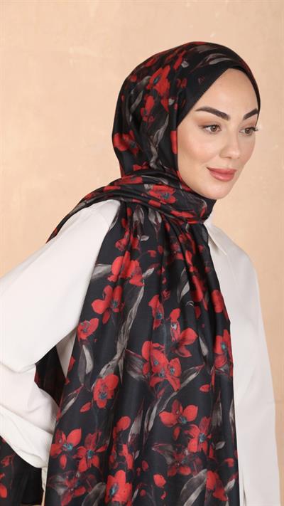 Locella Koza Pamuk Şal Siyah Kırmızı