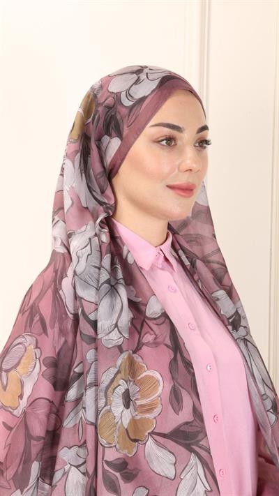 Desenli Pamuk Vual Şal Pembe-9