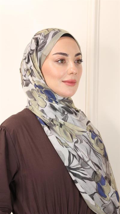 Desenli Pamuk Vual Şal Yağ Yeşili-5
