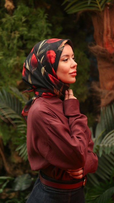 Locella Soft Pamuk Eşarp Siyah Kırmızı