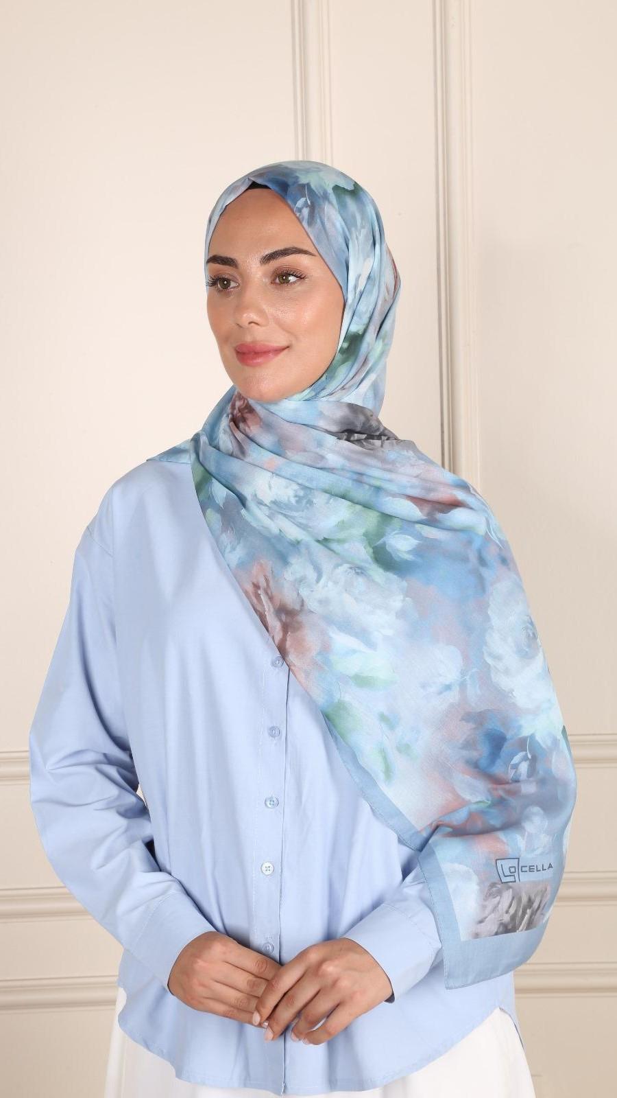 Desenli Pamuk Vual Şal Açık Mavi-10