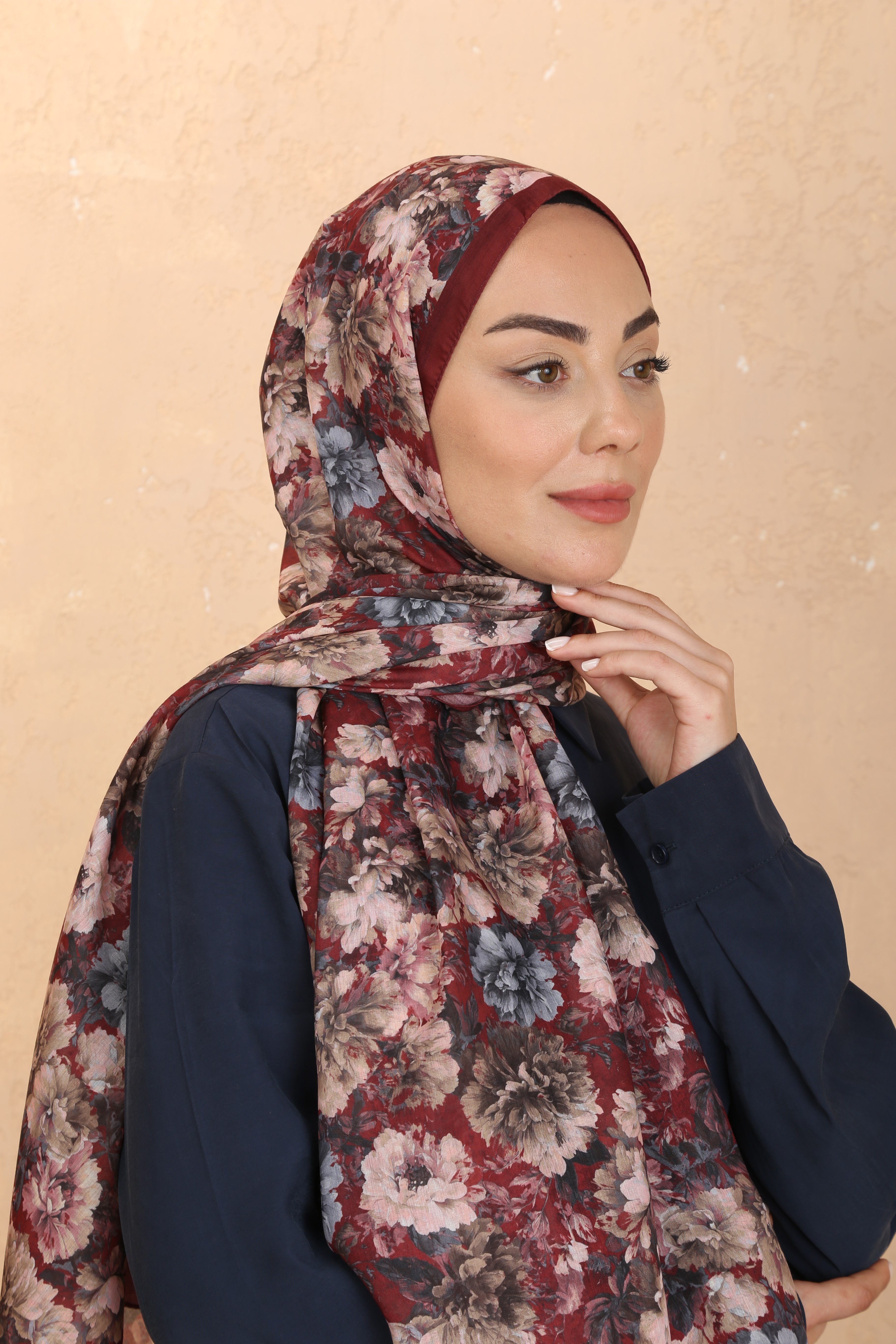 Desenli Pamuk Vual Şal-Bordo