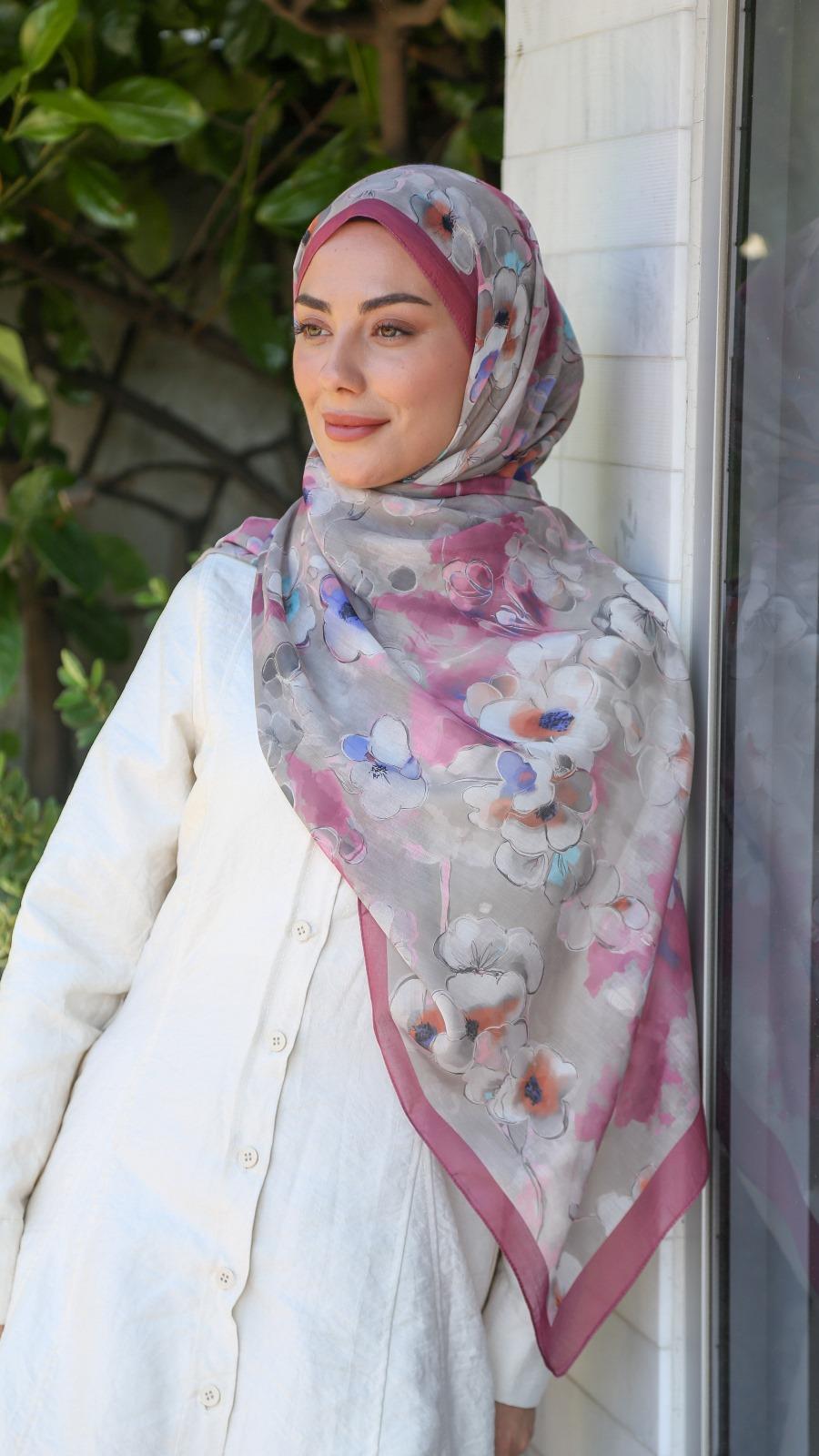 Desenli Pamuk Vual Şal Canlı Pembe-8