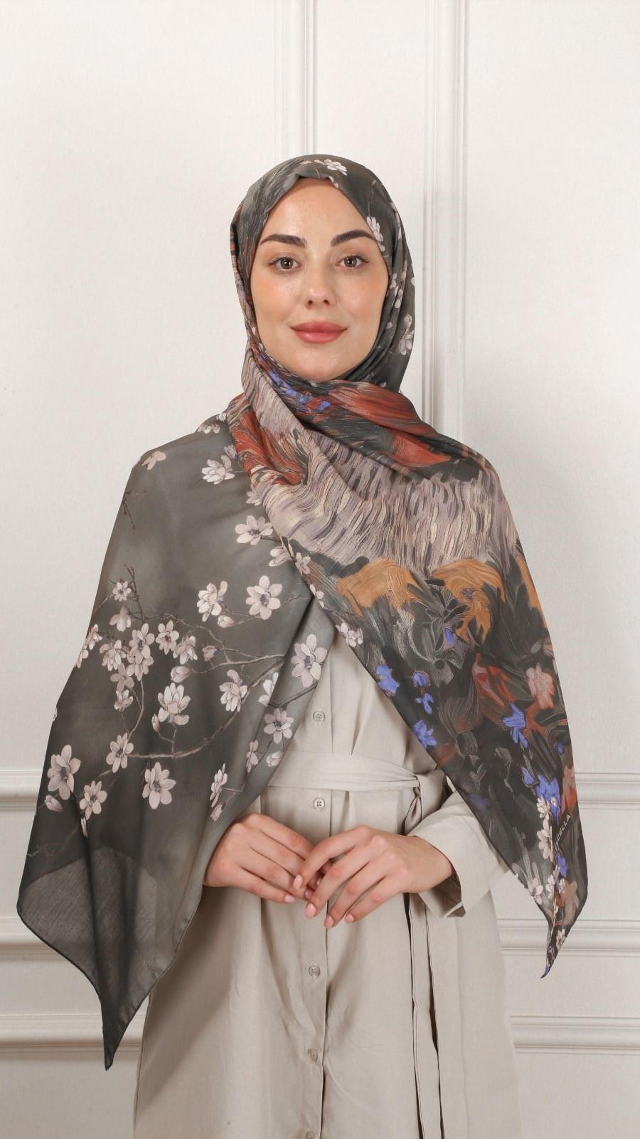 Desenli Pamuk Vual Şal Haki Yeşili-4