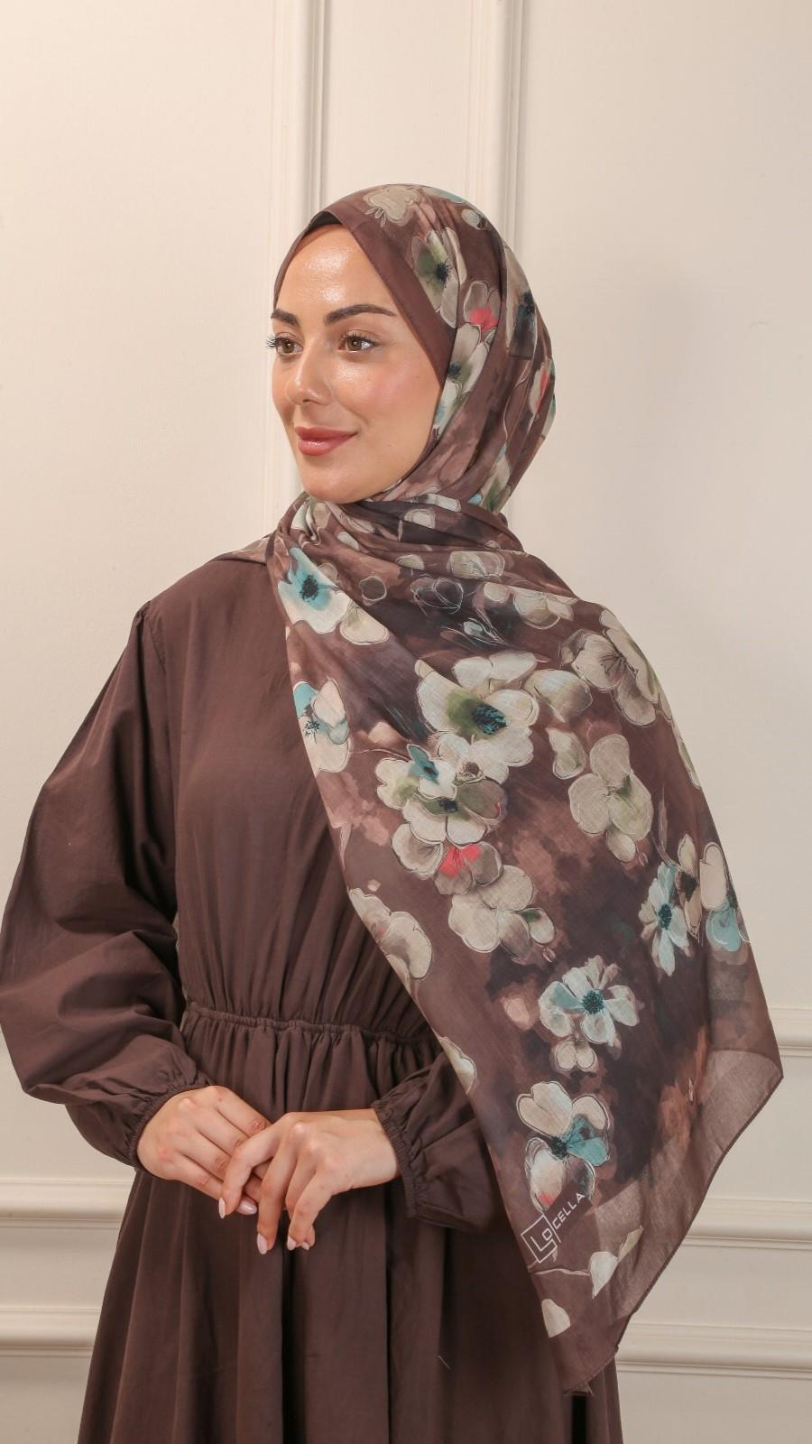 Desenli Pamuk Vual Şal Kahve-6