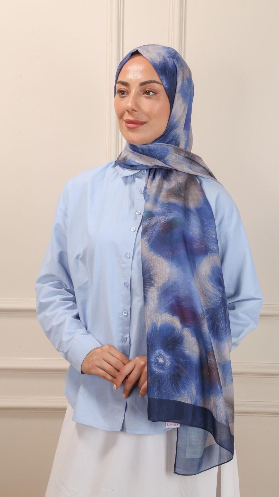 Desenli Pamuk Vual Şal Lacivert-10