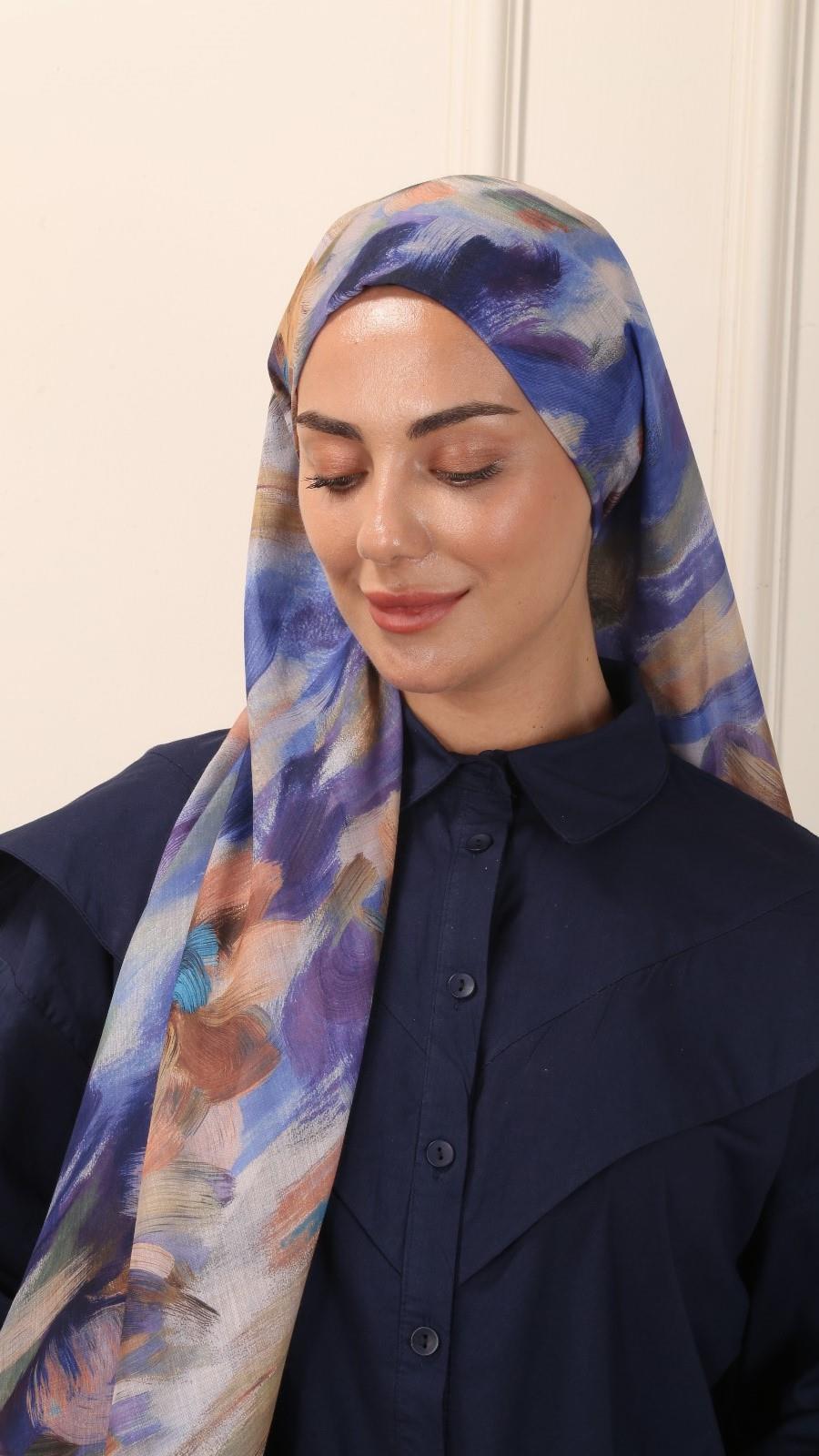 Desenli Pamuk Vual Şal Lacivert-4