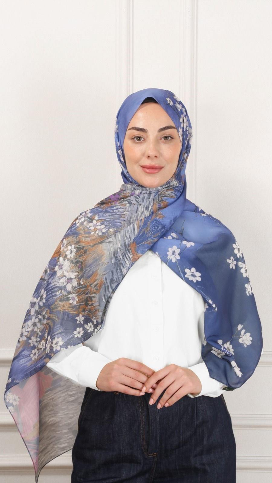 Desenli Pamuk Vual Şal Lacivert-8