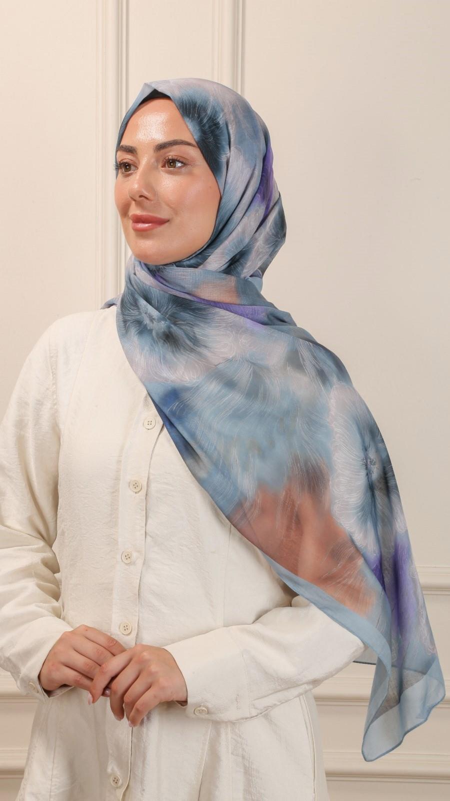 Desenli Pamuk Vual Şal Mavi-9