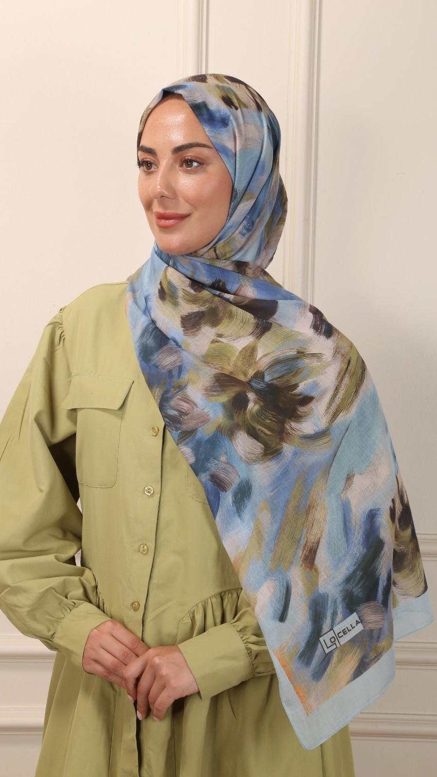 Desenli Pamuk Vual Şal Mavi-3