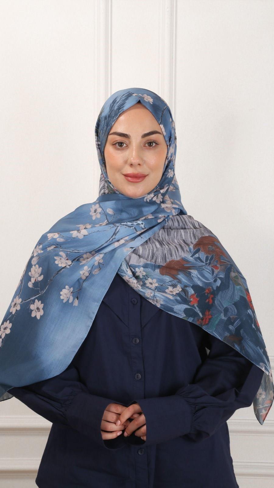 Desenli Pamuk Vual Şal Mavi-3