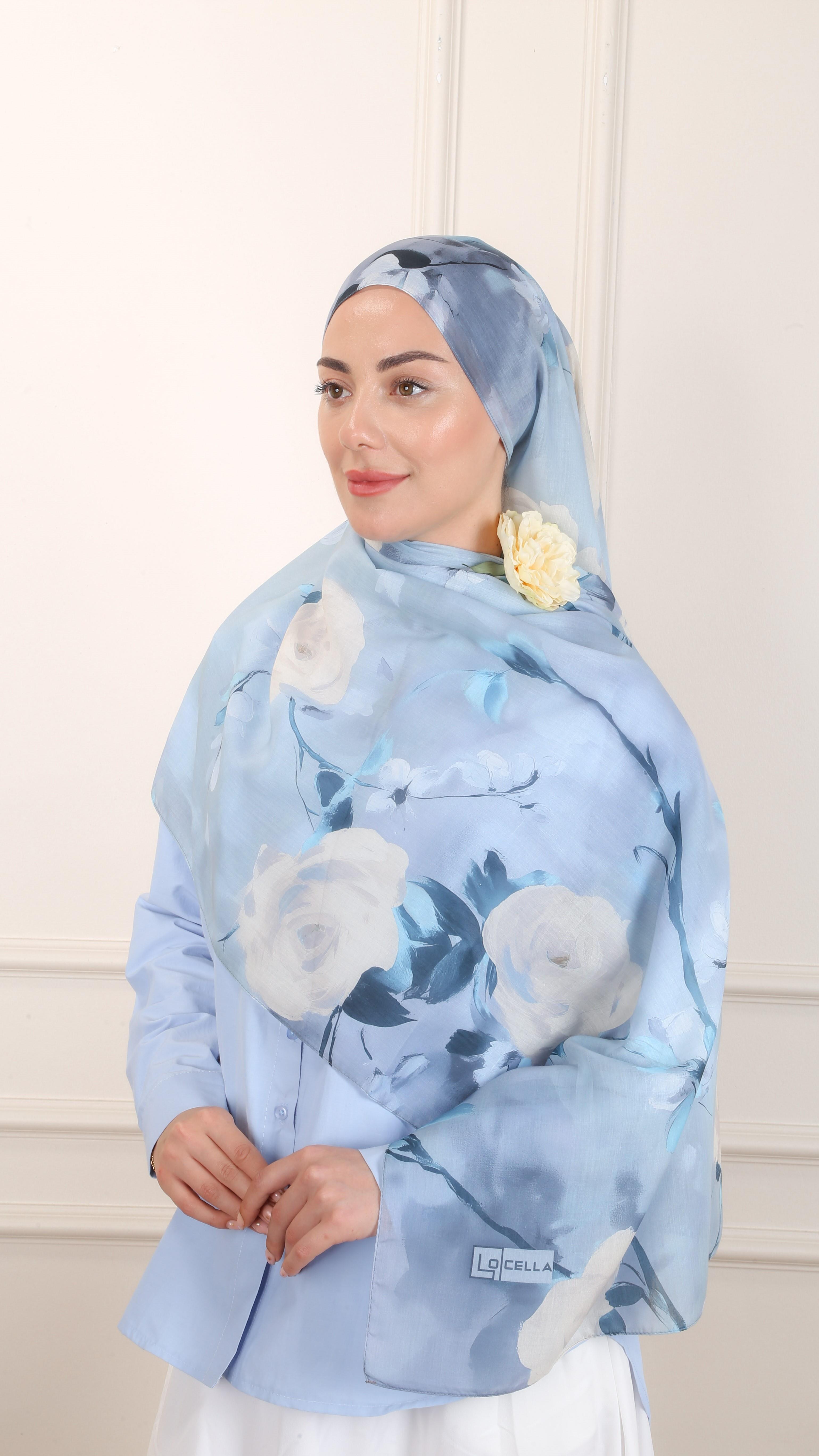 Desenli Pamuk Vual Şal Mavi-3