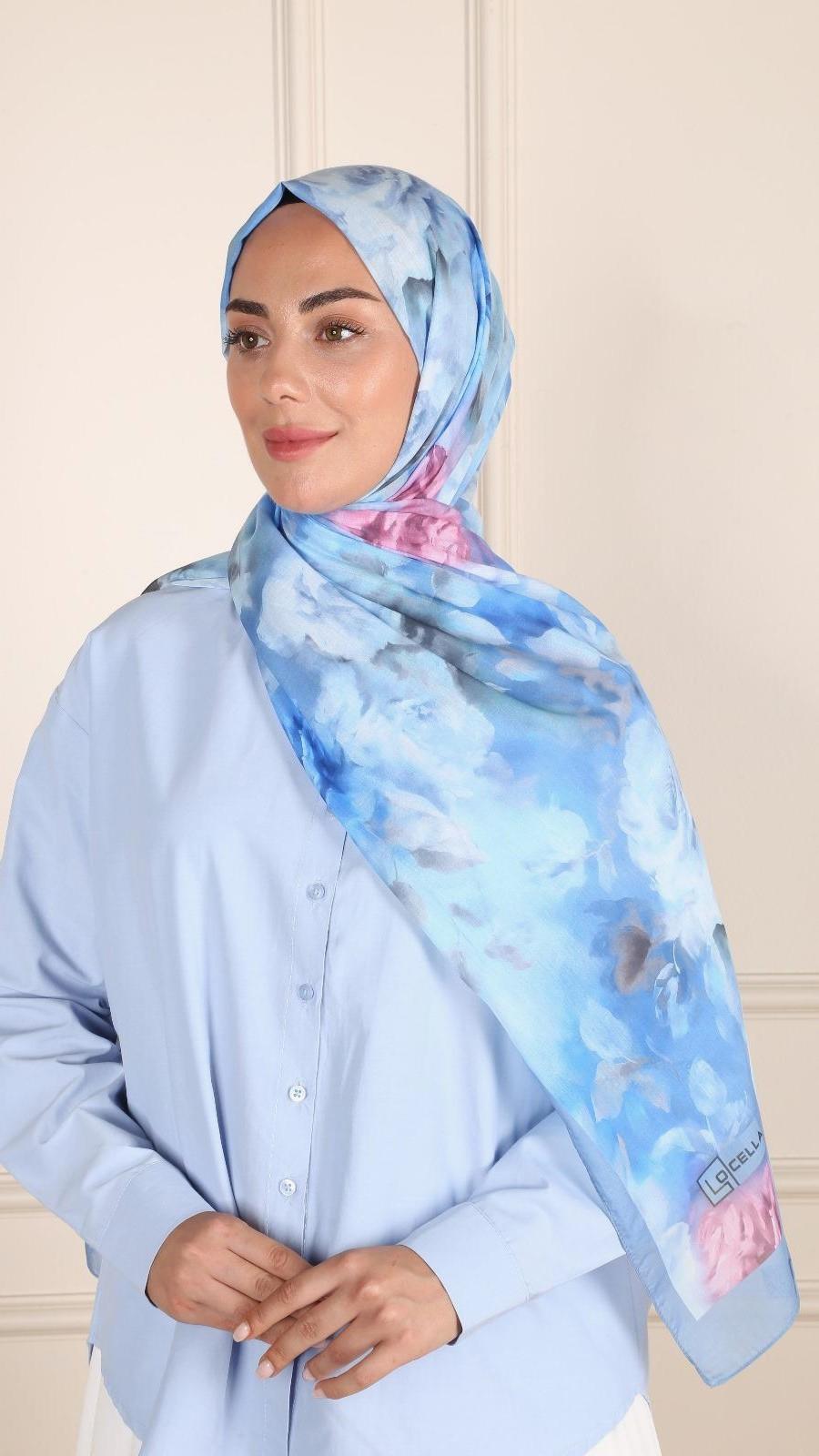 Desenli Pamuk Vual Şal Mavi-11