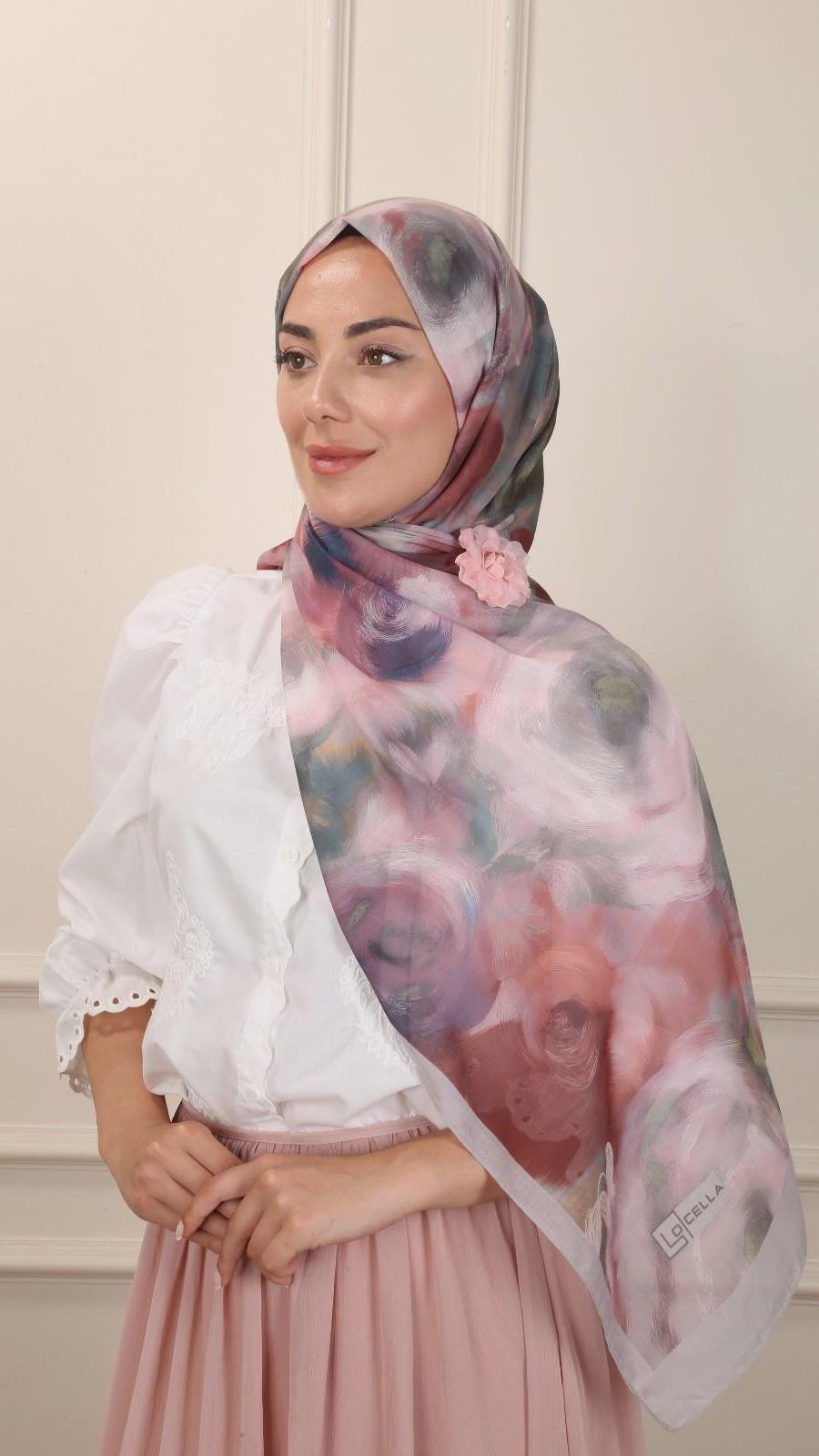 Desenli Pamuk Vual Şal Pudra Pembe-1