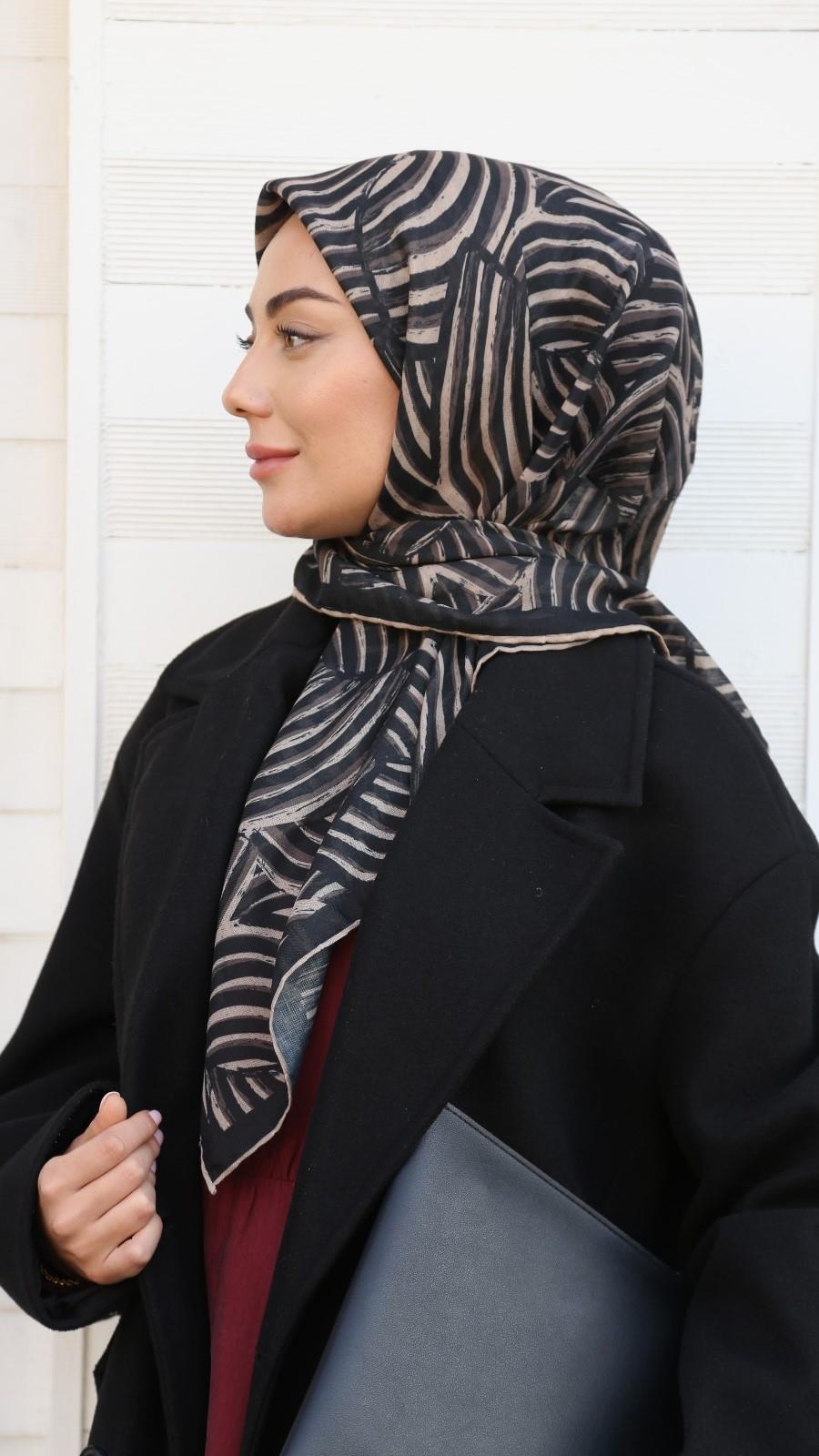 Locella Soft Pamuk Eşarp Siyah Vizon-5