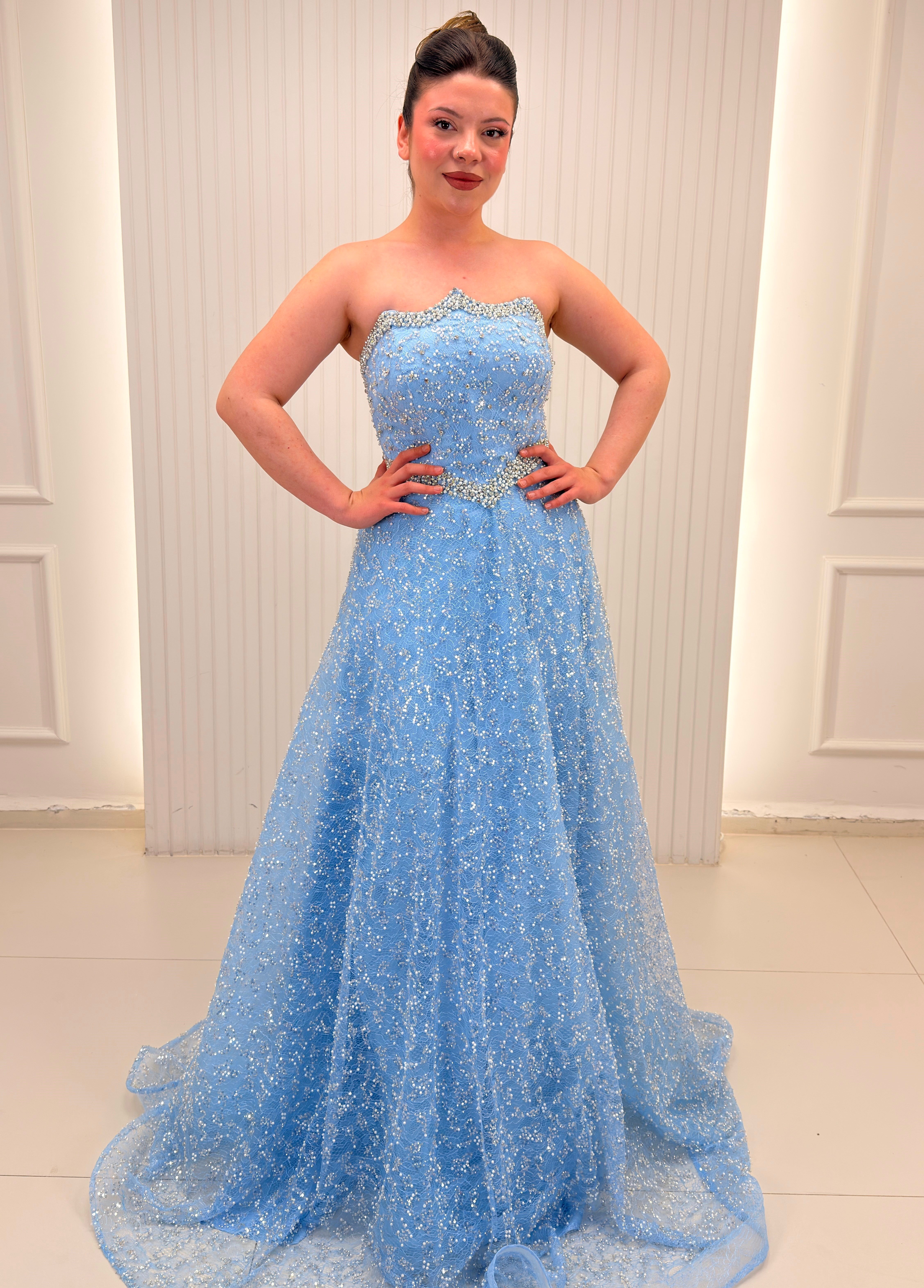 Bebe Mavisi Straplez Taşlı Helen Model Abiye Elbise 