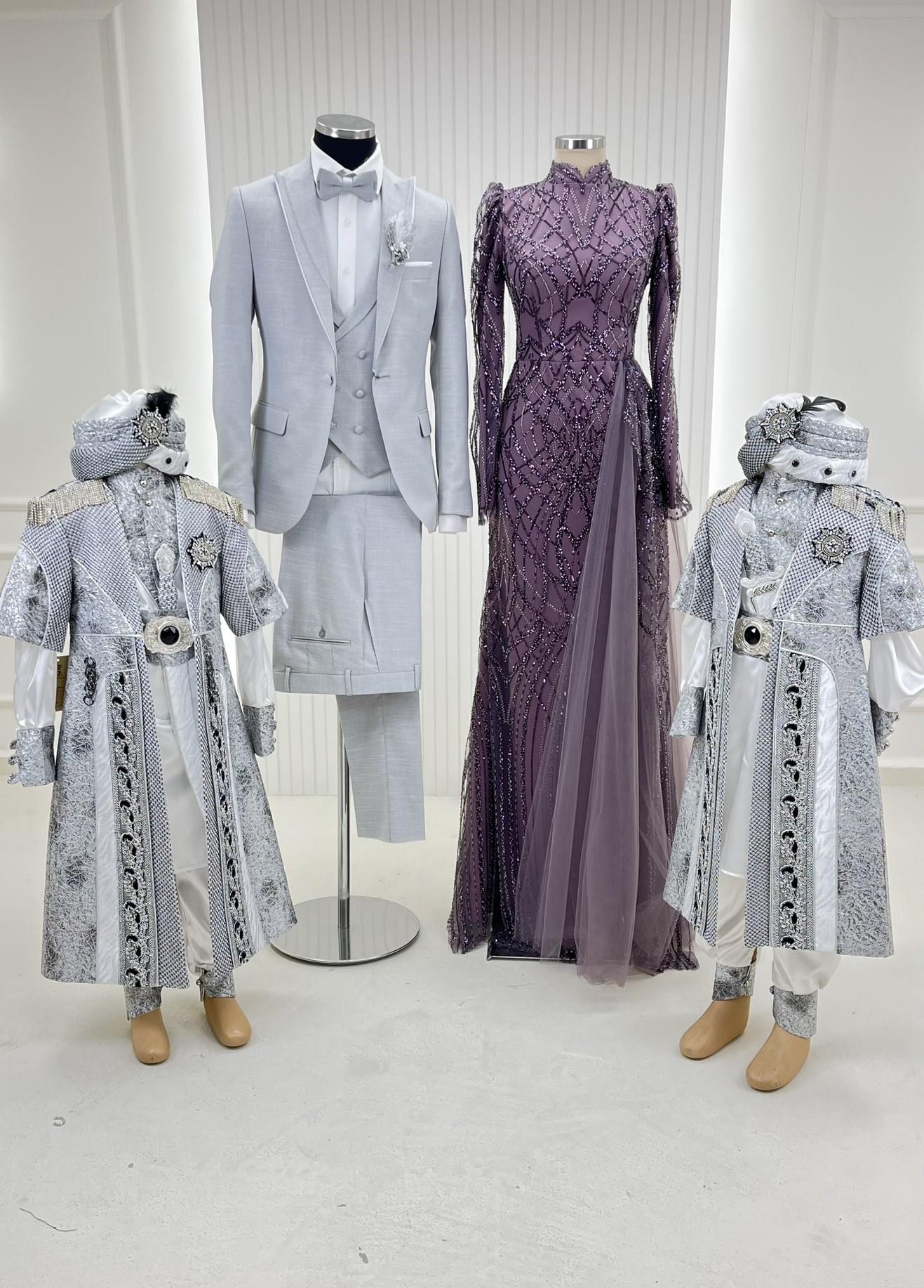 Boncuklu Dantelli Tesettür Abiye Apoletli Kaftan Damatlıklı Kombin Set 31