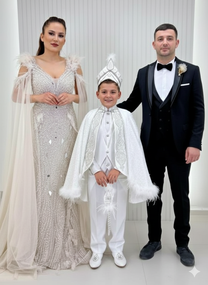 İthal Koldan Pelerinli Otriş Ve Ayna Detyalı Balık Abiye Nakışlı Krem Pelerin Siyah Damatlık Kombinli Set 226